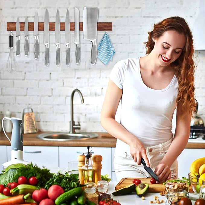 Magnetic Knife Holder for Wall, Magnetic Knife Strip No Drilling 20 Inch, Walnut Wood Magnet knife holder strip with 2 Hooks, Powerful Magnet Knife rack for Kitchen Utensils, Knives and Tools