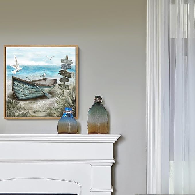 Framed Wall Art Beach Décor Ocean Canvas Picture Coastal Artwork Sea Bird Boat Blue Tan Small Rustic Beachy Canvas Print for Bathroom Bedroom Living Room