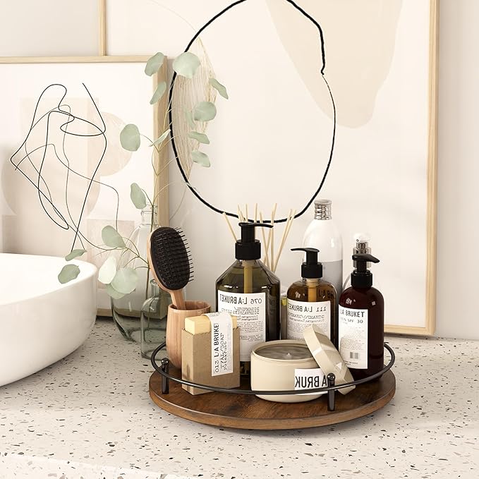 12" Lazy Susan Turntable Organizer,Round Wooden Lazy Susan Organization and Rotating Spice Rack for Dining Table,Pantry,Kitchen Countertop,Vanity,Cupboard and More.Vintage Wood(Round)