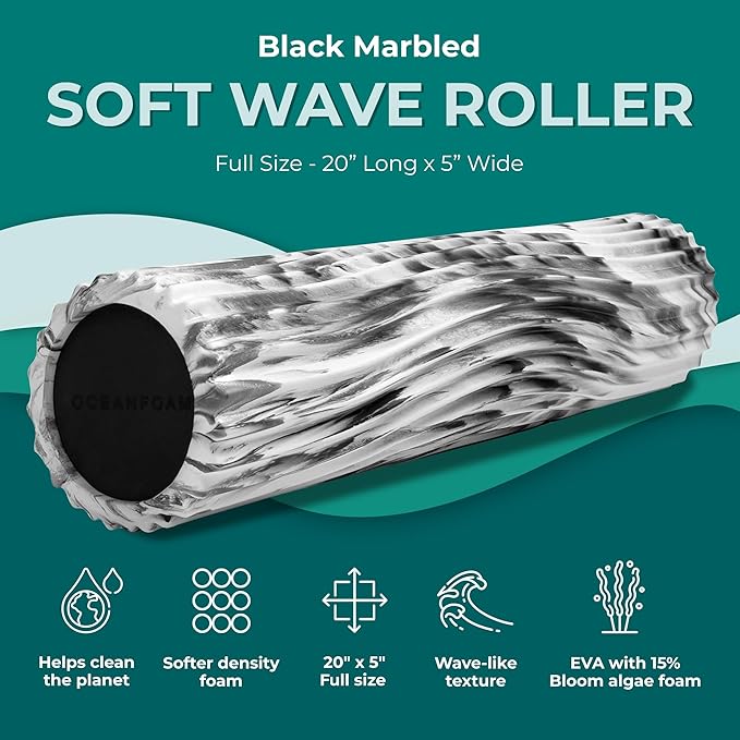 Oceanfoam Soft Tidal Roller (Black Marbled) - Low Density Foam Roller for Physical Therapy, Back Pain, Excercise & Stretching - Wave Textured - Yoga, Athletics, & Wellness - Full Size, 20" x 5"