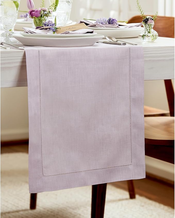 Solino Home Linen Lilac Table Runner 108 Inches Long - 100% Pure Linen 14 x 108 Inch Table Runner - Classic Hemstitch