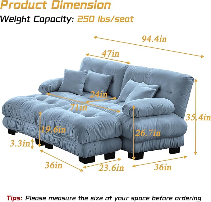 Modular Sectional Sofa, Comfy Cloud Couch Oversized Loveseat with Ottoman, Sectional Couches for Living Room, Modern Chenille U Shaped Couch, Sleeper Deep Seat Sofa with Throw Pillows, Blue