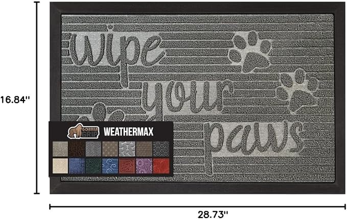 GORILLA GRIP 100% Waterproof All-Season WeatherMax Doormat US Designed Natural Rubber, Stain and Fade Resistant, Low Profile Indoor Outdoor Door Mats, Easy Clean Patio Mat, 17x29, Stone Paws