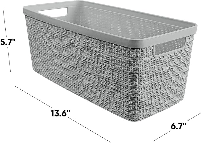 Curver Jute Decorative Plastic Organization and Storage Basket Perfect Bins for Home Office, Closet Shelves, Kitchen Pantry and All Bedroom Essentials, Set of 8 Grey