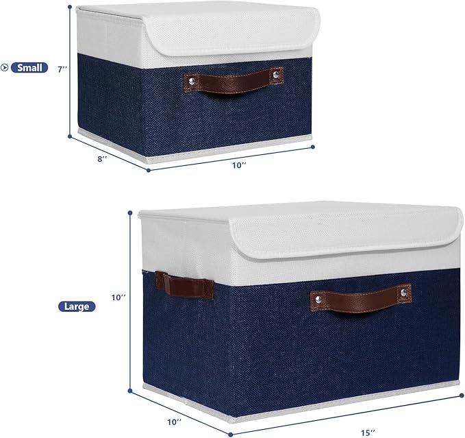 ANMINY Storage Boxes with Lids Washable Decorative Storage Bins Basket with PU Leather Handle Foldable Linen Fabric Storage Cubes Containers for Home Closet Organizer - Deep Blue White, Small Size