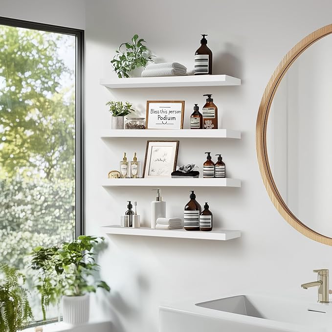 Floating Wall Shelves 4-Pack - Rustic White 16-inch Wooden Wall Shelves for Storage and Décor, Multi-Functional and Easy to Install for Living Room, Bedroom, and Kitchen