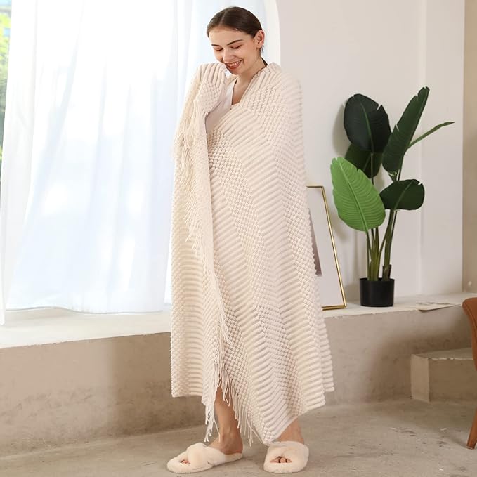 Blagic Knitted Throw Blanket for Couch Soft Farmhouse Boho Throw Blanket with Tassels Home Decorative Lightweight Throw Blankets,White Throws for Bed/Chair/Sofa, Pineapple Textured,50" W x 60" L