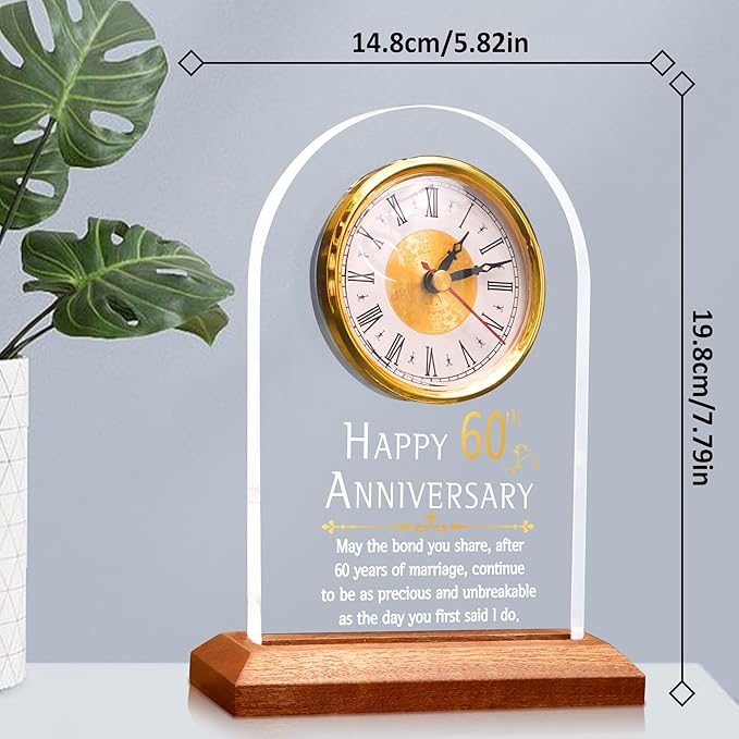 60th Anniversary Wedding Gift, Anniversary Quartz Clock, Desk Table Clock, 60 Years of Marriage, Golden Wedding for Couple, Parents, Grandparents (Wooden Base with LED Light)