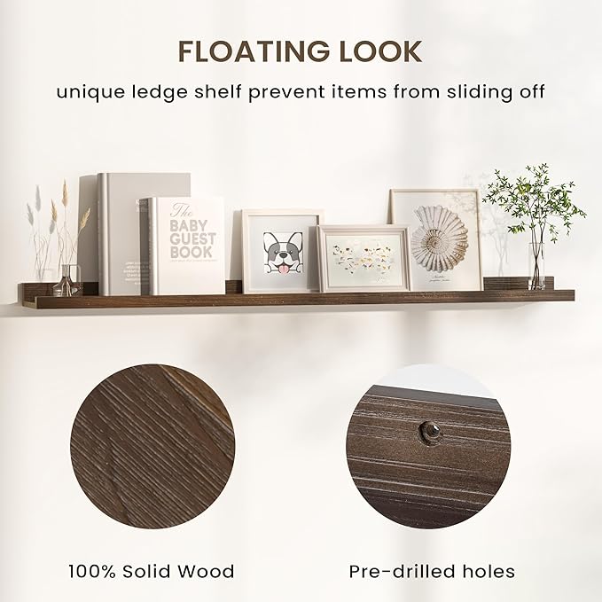 Floating Shelves for Wall, Picture Ledge Shelf 48 Inch Solid Wood Set of 2, Rustic Wall Shelves with Lip, Kids Bookshelf, Photo & Picture Live Edge Floating Shelves for Bedroom, Living Room, Kitchen