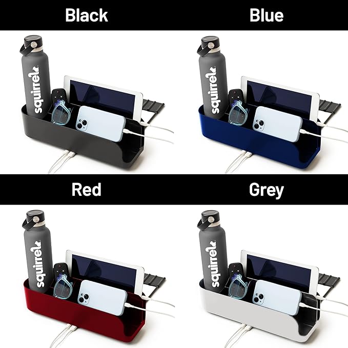 Squirrel Gray Bedside Perch – Perfect dorm gift & small space essential! USB-C & A charging, cup holder fits Hydro Flask, YETI, S'well. Organizes phone, iPad & more on lofted beds, couch, etc.