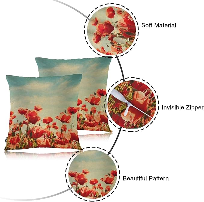 Swono Poppy Bed Pillow Covers, Vintage Blossom Red Roses Poppies Flied Decorative Throw Pillow Cover Cushion Case for Sofa Bed Living Room Farmhouse Decorations, 18"X18" 2 Pieces Pillowcases