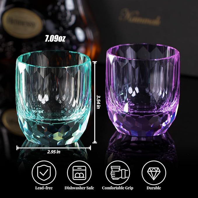 KAMMAK Crystal Whiskey Glasses Set of 2, 7oz Old Fashioned Glasses Stemless, Hand Blown Colored Cocktail Glasses, Engagement Gifts for Couples, Women, Men