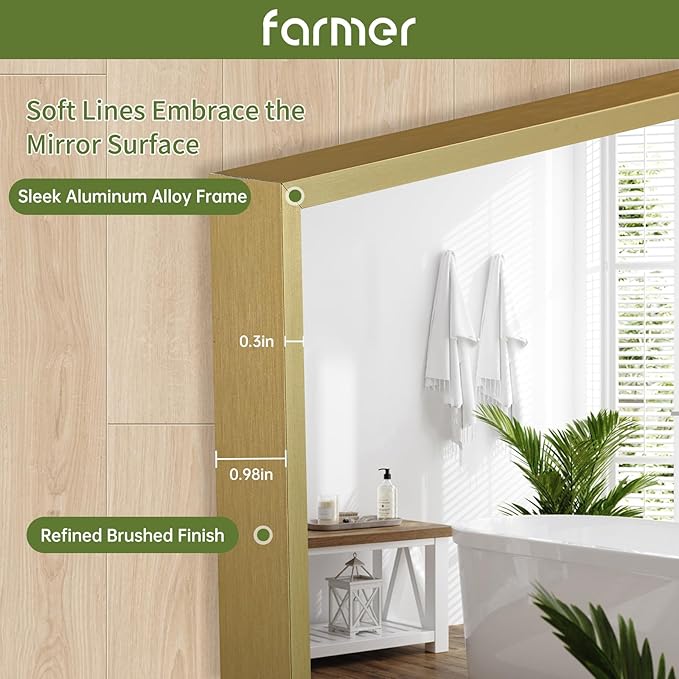 FARMER 30x36 Inch Gold Bathroom Mirror, Rectangle Wall Mounted Mirror, Vanity Mirror, Brushed Square Mirror, Framed Bathroom Mirror for Bedrooms, Entryways, Living Rooms, Horizontal/Vertical