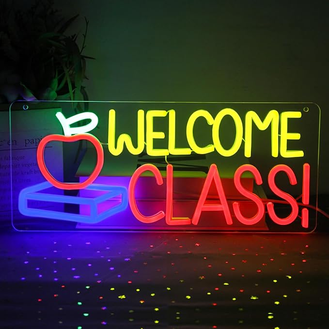 Welcome Class Neon Sign Student Classroom Neon Lights Apple Book LED Signs for Wall Colorful Back to School Wall Art Neon Light Up Signs for Classroom School Opens Party Decorations