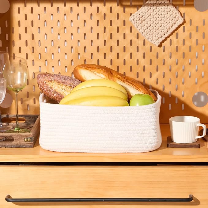 Small Storage Baskets for Organizing | Closet Organizer Bins | Shelf Toy Basket | Woven Rope Baskets | Cube Decorative Box | Shallow Basket | 13x8.5x5.1” | 4 Packs Off White