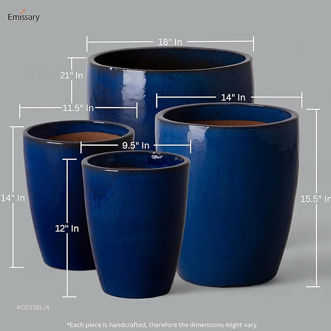 Emissary Bullet 14 in. Blue Ceramic Round Planter (14 in. L x 14 in. W x 15.5 in. H) with Drainage Hole