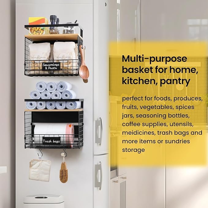 [WIDER Shelf]2 SET Strong Magnetic Shelf Basket for Fridge with Tag & Bamboo Top, XXL Large Magnetic Spice Rack Shelves for Side of Refrigerator, Kitchen Pantry Storage Organizer for Food Fruit Veg