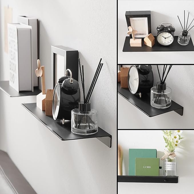 JOOM 2 PCS Small Floating Shelf, 12'' Metal Wall Shelf, Black, Bathroom, Durable, Waterproof, 5.0lbs Weight Capacity