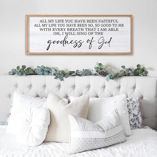 Goodness of God Framed Wall Art, 40''×15'' Positive Religious Natural Bible Verse for Christian God Jesus Christ Prayer, Vintage Rustic Long Holy Catholic Scripture Decor