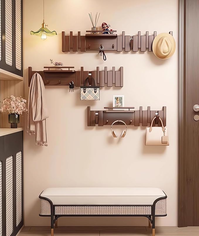 Wall Mounted Piano Key Hanger | Flip Style Hook | Entrance Wall Art Hook, Made of Oak Wood (3 Times Painted, 4 Times Polished) (Fence Beech, 8Hooks)