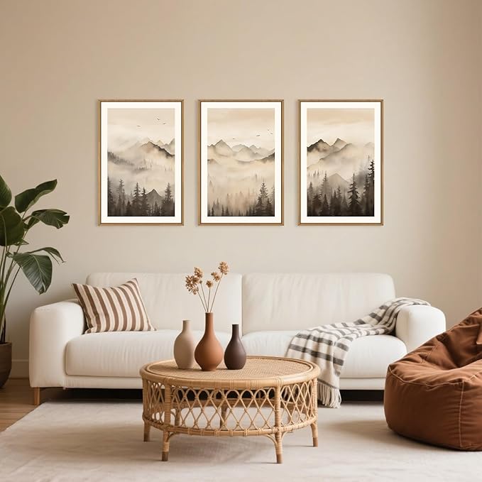 Celestdeco Nature Misty Forest Framed Canvas Wall Art Set, Foggy Landscape Wall Decor, Watercolor Pine Tree Wall Painting, Large Mountains Art Print for Living Room, Bedroom, Office - 24"X36"X3