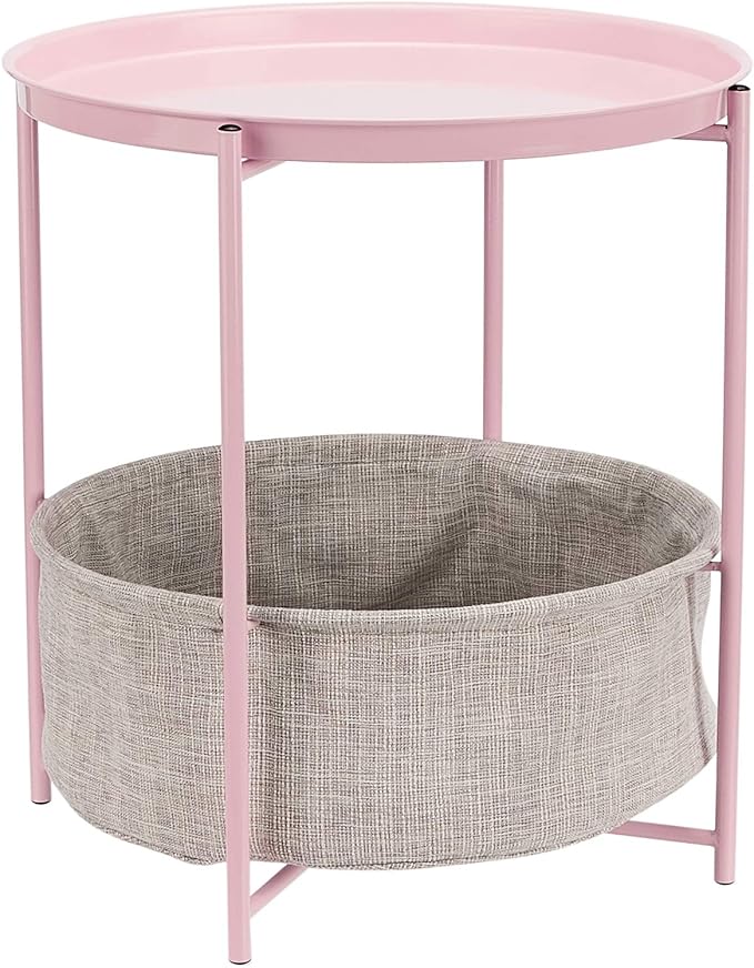 Amazon Basics Round Storage End Table, Side Table with Cloth Basket, Dusty Pink, 17.7"D x 17.7"W x 18.9"H