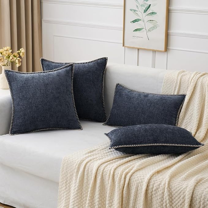 MIULEE Pack of 2 Couch Throw Pillow Covers 16x16 Inch Dark Blue Farmhouse Decorative Pillow Covers with Stitched Edge Soft Chenille Solid Dyed Spring Pillow Covers for Sofa Bed Living Room
