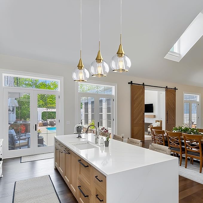 Pendant Light Fixtures Kitchen: 2 Pack Modern Gold Island Light with Clear Glass - 6 Inch Mid Century Globe Kitchen Lighting Chandeliers Ceiling for Foyer Bedroom