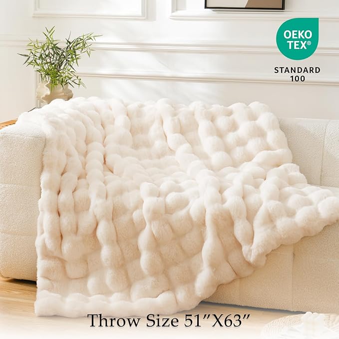 BENVWE Fluffy Faux Fur Throw Blanket for Couch, Soft Plush Thick Cozy Fuzzy Luxury Minky Bubble Blanket for Home Living Room Decor Gift for Women, Warm Ivory, 50" x 60", 1100GSM