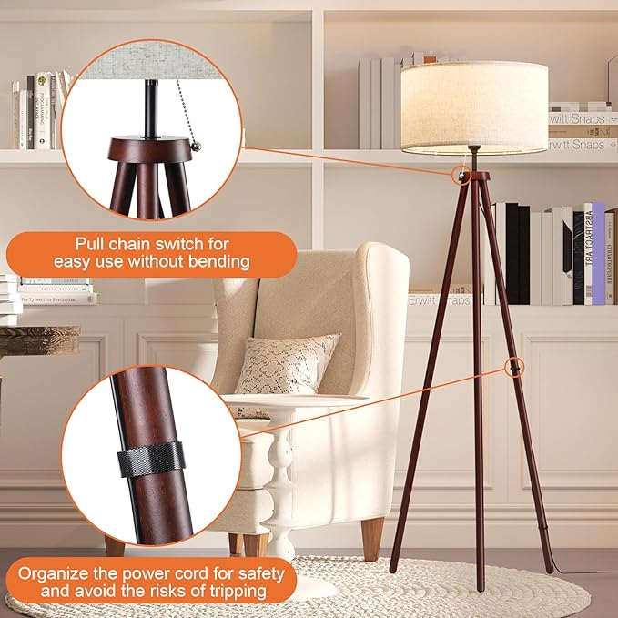 LiteHistory Wood Tripod Floor Lamps for Bedroom, Living Room, and Office, Corner lamp with Beige Linen Shade, 12W Three-Color Bulb Included, Pull Chain Switch, Gifts for mom for Home Decor, Walnut