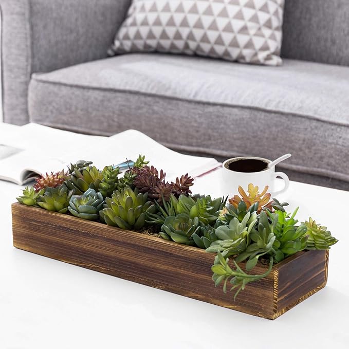 MyGift Artificial Succulent Centerpiece, 15.75 Inch Faux Succulents Arrangement Plants in Rustic Burnt Wood Rectangular Planter Box