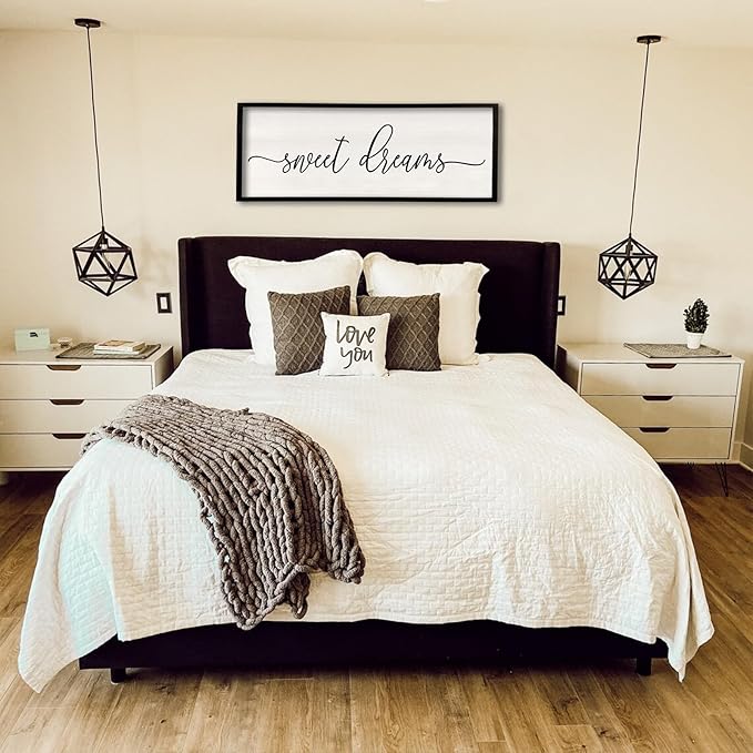 Sweet Dreams Wall Decor Above Bed 40''×15'' Master Bedroom Large Sweet Dreams Sign Farmhouse Wall Decor Guest Room Wood Rustic Framed Over Bed Wall Art Hanging Decoration (Black)