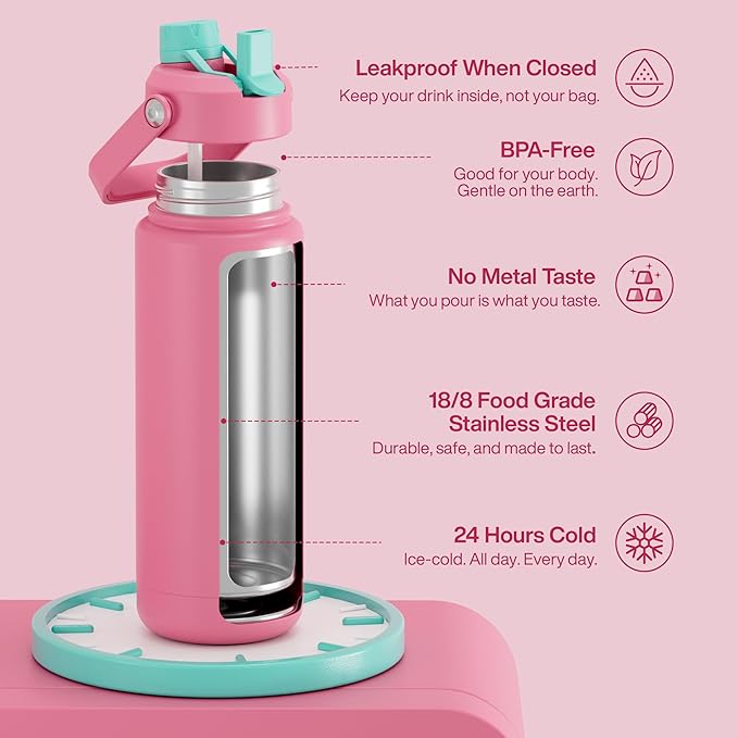 Insulated Water Bottle with Straw Stainless Steel Water Bottle, Leak-Proof, BPA-Free, Double Wall Vacuum Keeps Cold for 24 Hours for Sports, Travel, School (32 oz, Tulip)