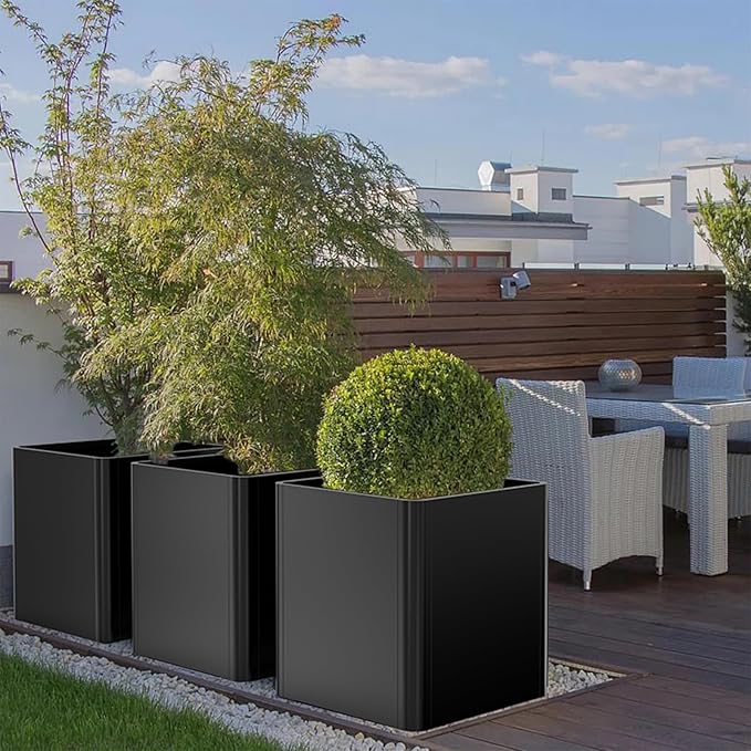Metal Square Planter Box, Galvanized Steel Planters for Outdoor Plants, 20"x 20"x 21" Black Large Outdoor Planters with Drainage Hole for Porch/Patio/Garden