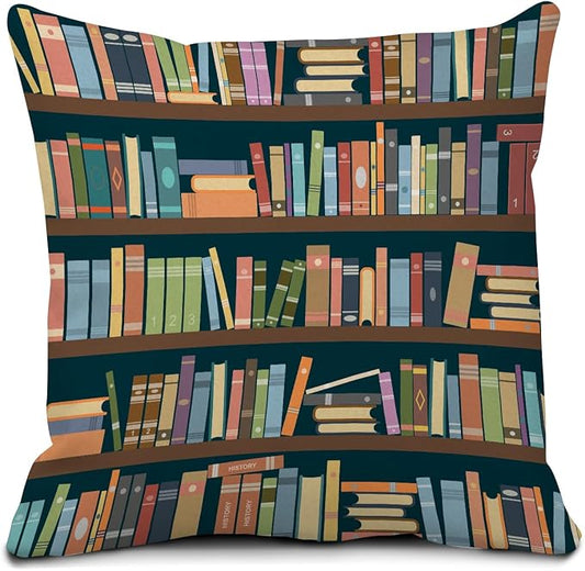 Decorative Throw Pillow Covers 18x18 Inch, Cute Home Decor for Living Room Outdoor Funny Pillowcase Polyester Cushion Case Colorful Bookshelf