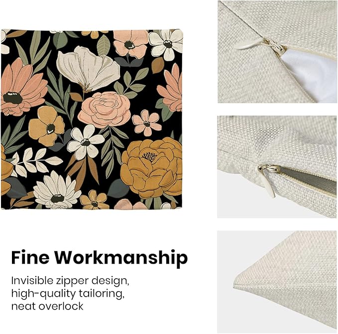 CXMEIFLY Spring Floral Pillow Covers 18 x 18 Inch Set of 2 for Vintage Pink Mustard Yellow Cream Flowers Decor Throw Pillows Plant Black Outdoor Decorative Cushion Cases for Couch Bed Decorations