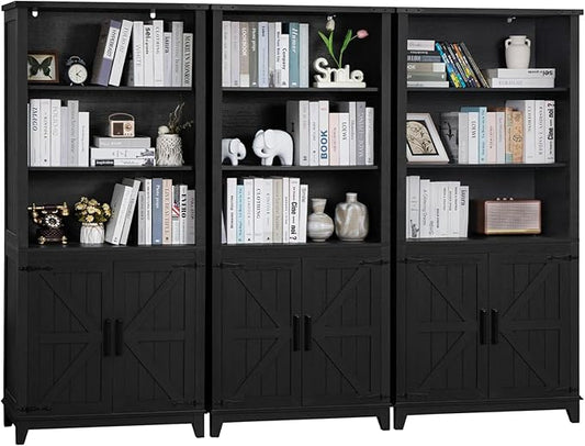 70in Tall Bookshelf 5 Tier Bookcase with Barn Doors and Adjustable Shelves, Black Farmhouse Book Shelf with Storage Cabinet, Wood Freestanding Display Bookshelves for Bedroom, Kitchen (3PCS)