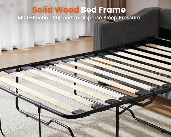 Pull Out Sofa Bed, Full Size Sleeper Sofa, 2-in-1 Convertible Corduroy Couch with USB Charging, Memory Form Couch for Living Room, Apartment and Small Space (Dark Grey, Corduroy - Queen Size)