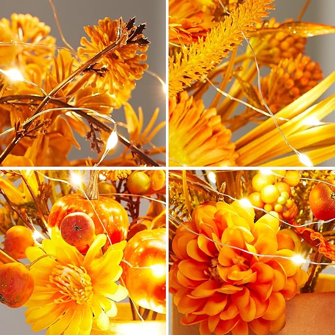 Thanksgiving Centerpiece Fall Table Flower - 2 Pack Lighted Realistic Artificial Table Plant with Western Modern Boho Rustic Aesthetic Bouquet Fall Decor Gift for Home Farmhouse