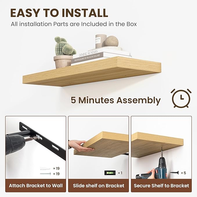 55 Inch Floating Shelves, 12 Inch Deep Floating Shelves for Wall, Floating Shelf with Invisible Brackets, Deep Shelves for Bathroom, Bedroom, Living Room, 1 Pack, Natural