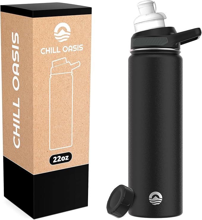 Chill Oasis Water Bottle | Compatible With Popular Flavor Cartridges | BPA Free, Leak Proof, Double-Walled Vacuum Insulated Stainless Steel, and Dishwasher Safe | Cold for 24 Hours (Black, 22oz)