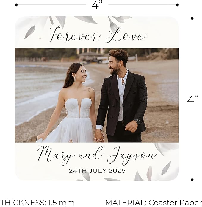 60 Pack Personalized Wedding Coasters, Custom Cardboard Coasters for Drinks with Photo Print and Text, Keepsake Wedding Favors and Gifts for Couples, 4x4 Square, Design 7
