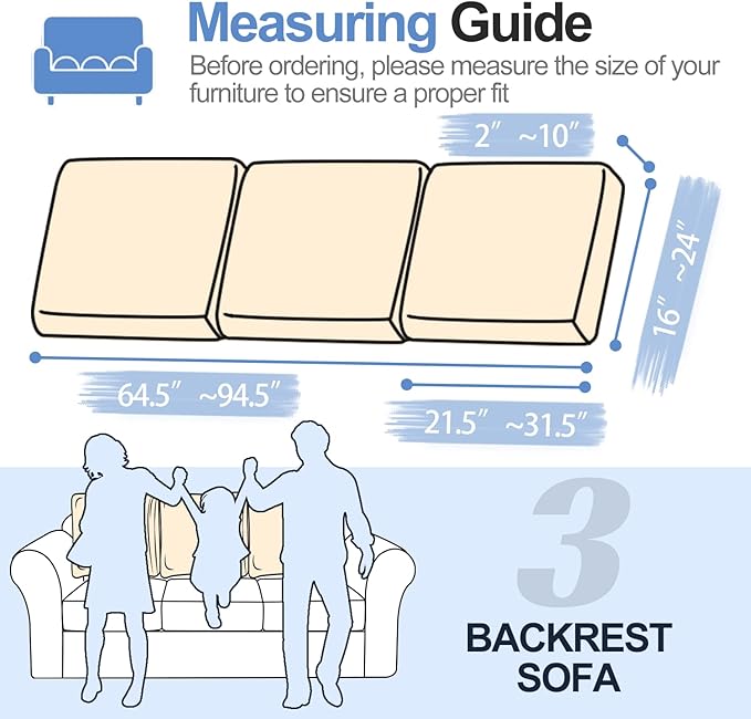 Large Backrest Cushion Covers Super Stretch Backrest Covers for 3 Cushion Couch Sofa, Couch Back Cushion Covers Featuring with Chenille Yarn (Softer Version, 3PC, Beige)