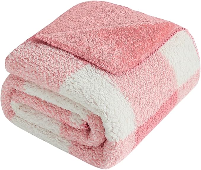 LURKA Checkered Sherpa Fleece Throw Blanket - Extra Thick and Warm Winter Soft Fuzzy Plush Blanket for Couches, Beds & Pets, Powder Pink, 50x60 Inches