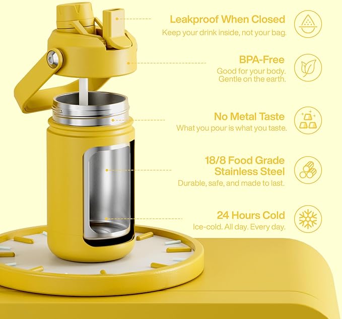 Kids Insualated Water Bottle with Straw - 12oz Stainless Steel Water Bottle with Dual Spouts, Leak-Proof, BPA-Free, Double Wall Vacuum Keeps Cold for 24 Hours for Sports, Travel, School (Elfin Yellow)