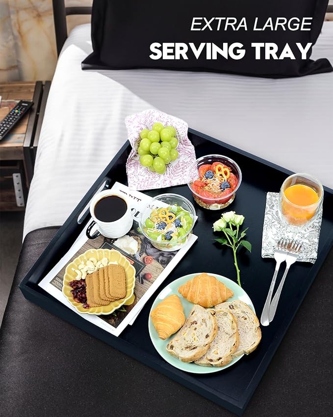 20 Inches Square Wooden Ottoman Tray Black, Large Wood Serving Tray with Handles for Living Room, Serving Food Breakfast, Ottoman Coffee Table Couch Sofa Kitchen