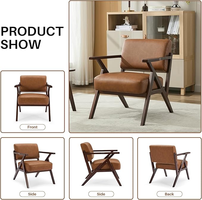 Mid-Century Modern Lounge Armchair - Genuine Brown Leather with Solid Wood X-Base Frame, Seat Cushion - for Living Room, Study, Balcony Retro Design, Brown Leather