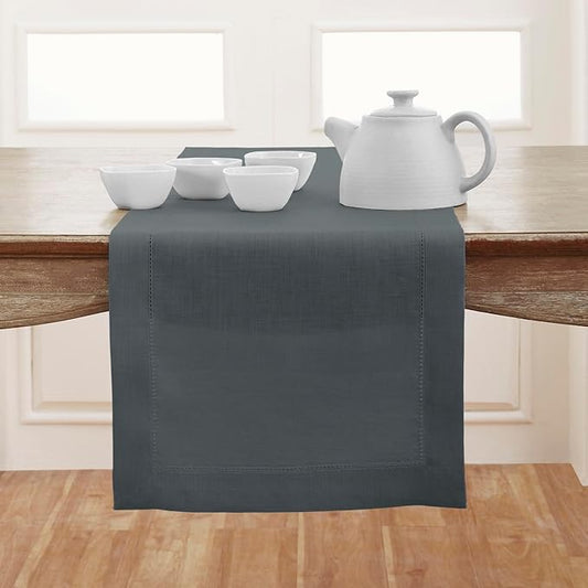Solino Home Linen Hemstitch Table Runner 36 Inches - 100% Pure Linen Dark Grey Table Runner 14 x 36 Inch Ideal for Dresser and Coffee Tables - Classic Hemstitch - Thanksgiving