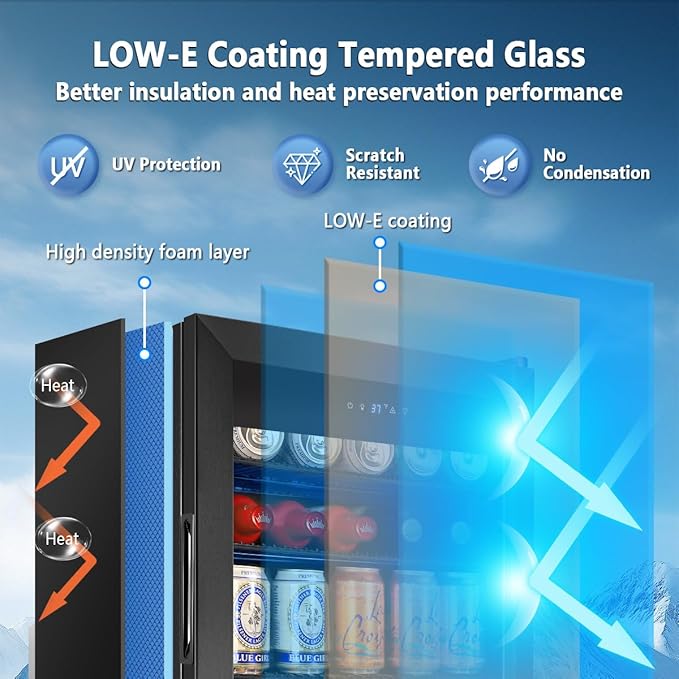 Tylza 130 Can Beverage Refrigerator Cooler, 3.22 Cu.Ft Beverage Cooler with Low-E Glass Door, Safety Lock, Beverage Fridge for Soda, Beer, Wine, Mini Fridge for Home, Office, Bar, Bedroom, Black