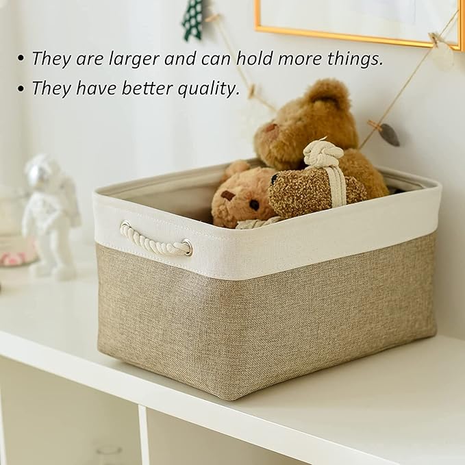 TcaFmac Storage Basket for Organizing - Large 4 Pack Fabric Storage Bins Baskets for Shelves, Foldable Storage Cubes for Closet Cloth Toy Box Gift Organizer(White & Khaki16x12x8 inch)